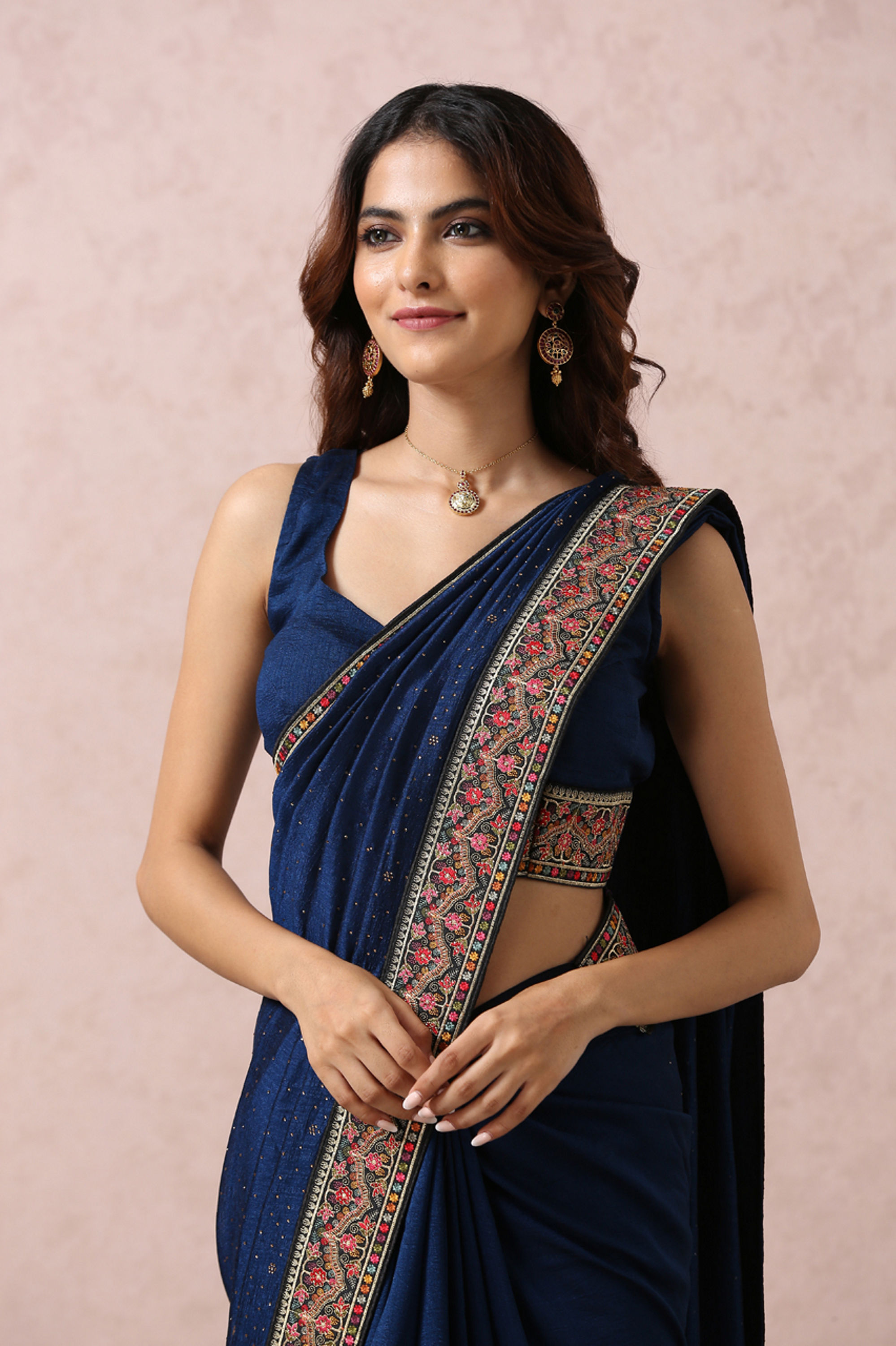 Mohey Women Indigo Blue Art Silk Saree With Multicoloured Border