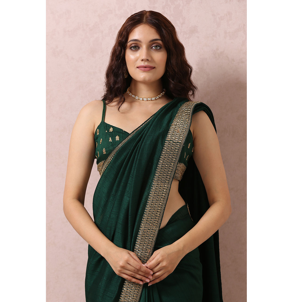 Mohey Women Dark Green Saree With Stone Border