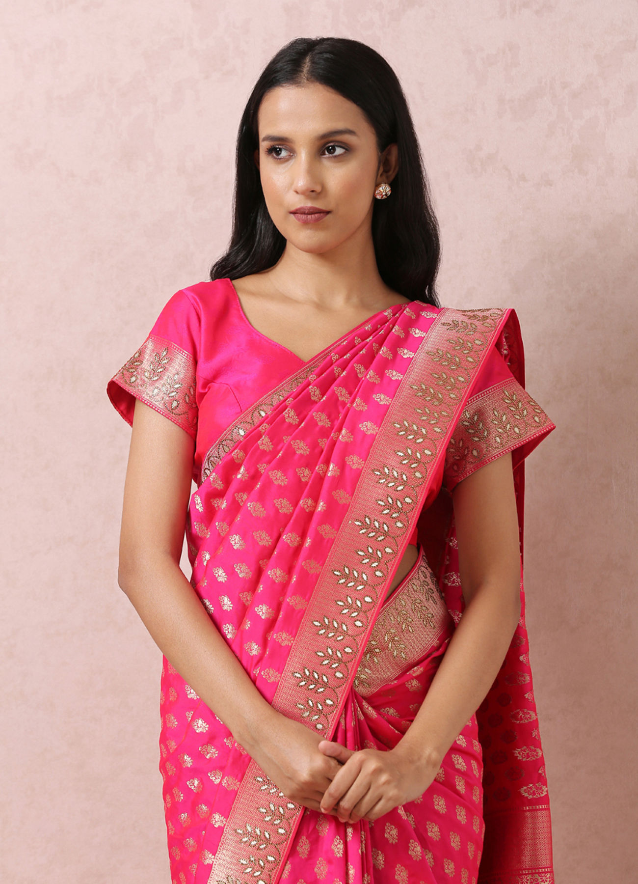 Mohey Women Rani Pink Bridal Saree With Mirror Border
