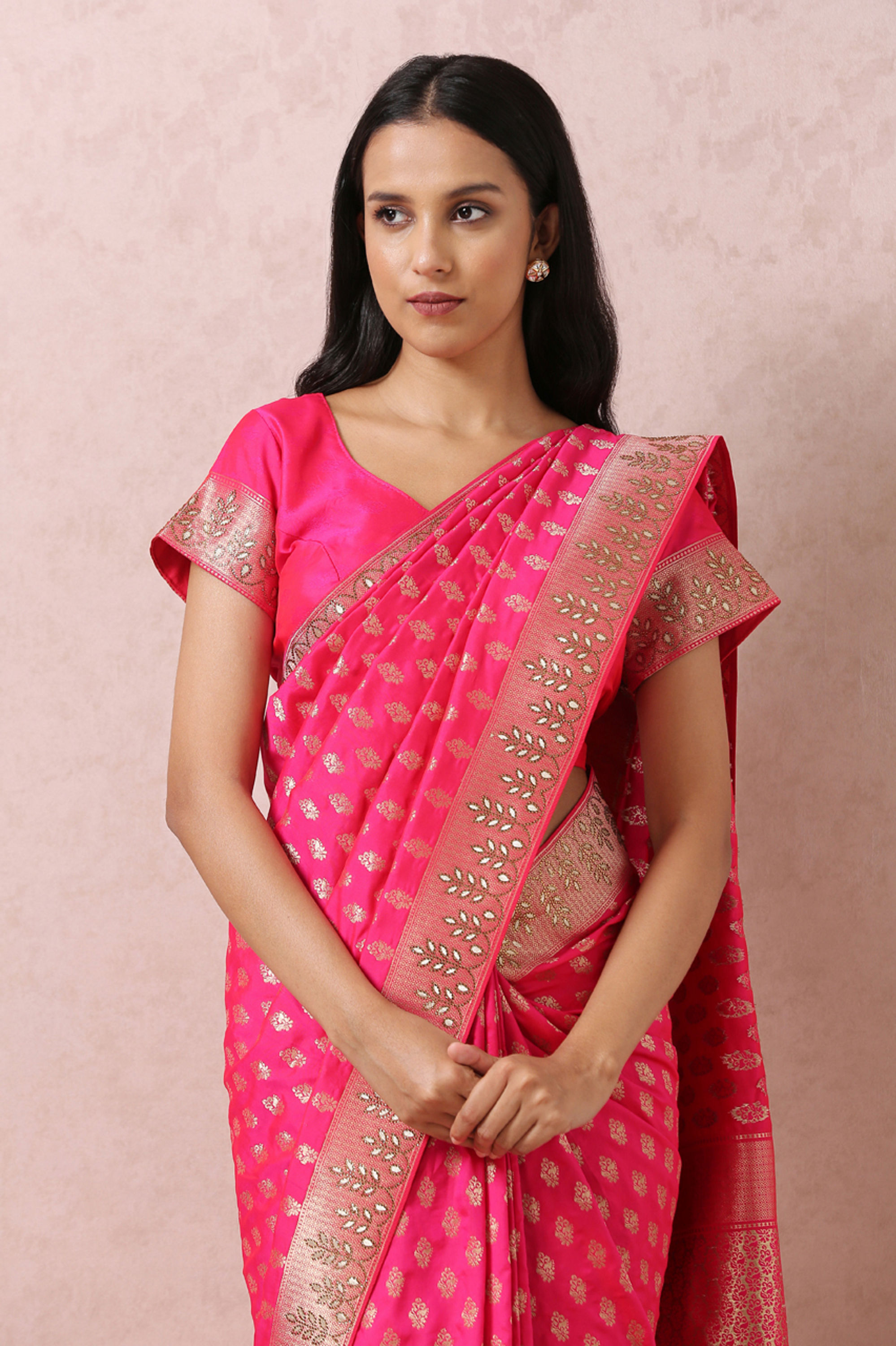 Mohey Women Rani Pink Bridal Saree With Mirror Border