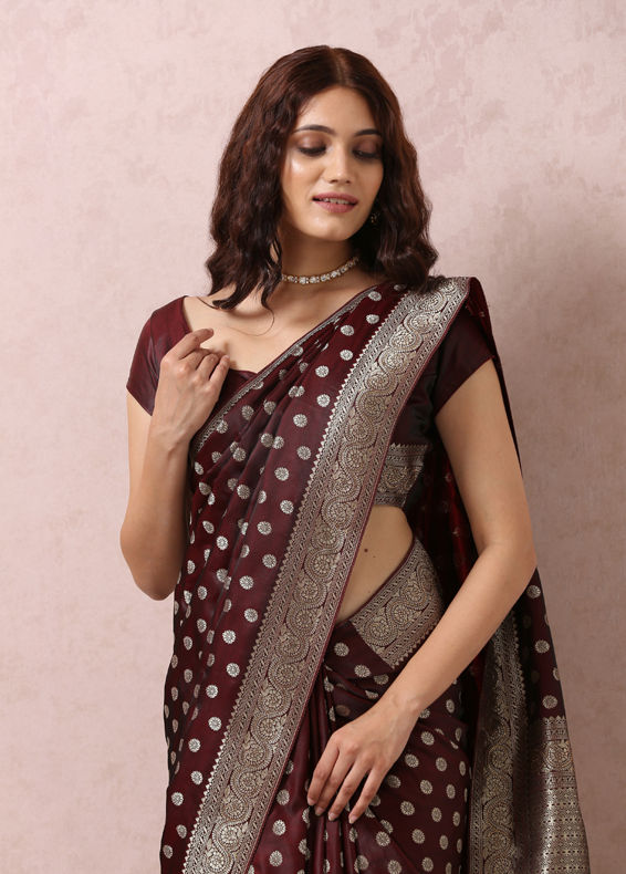 Mohey Women Maroon Art Silk Saree With Golden Motifs