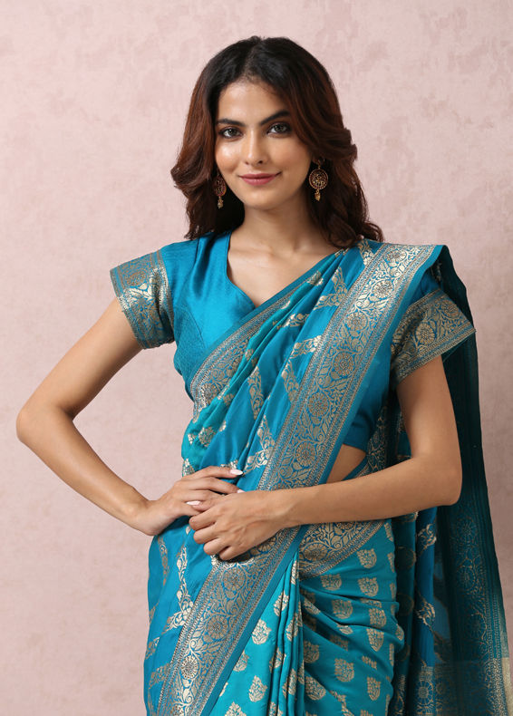 Mohey Women Teal Blue Golden Motif Saree