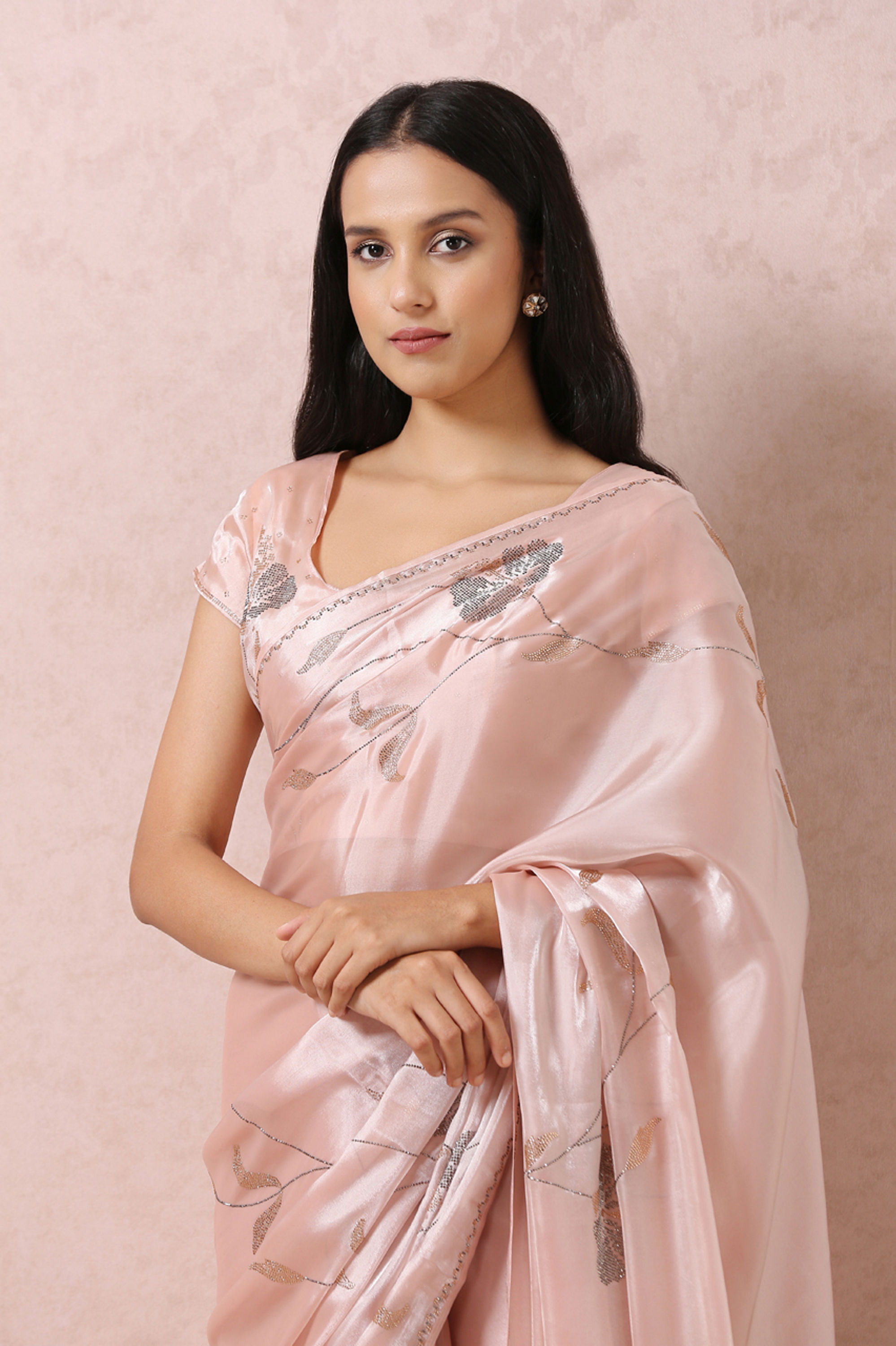 Mohey Women Peach Organza Saree With Stone Embellishment