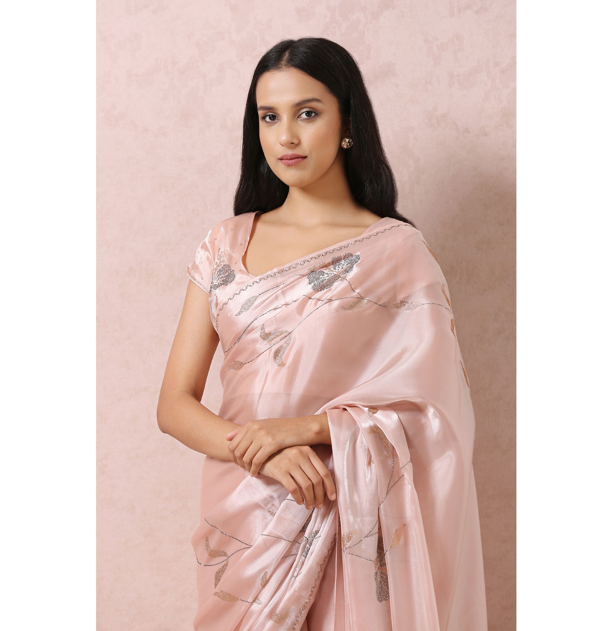 Peach Organza Saree With Stone Embellishment image number 1