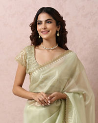 Mohey Women Pista Green Organza Saree With Stone Border