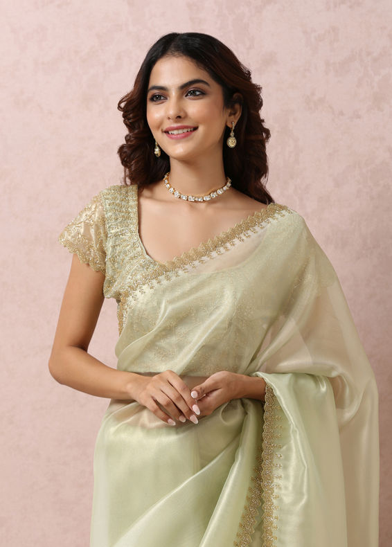 Mohey Women Pista Green Organza Saree With Stone Border