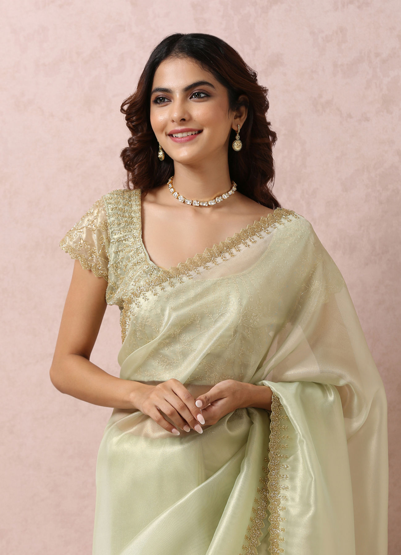 Mohey Women Pista Green Organza Saree With Stone Border