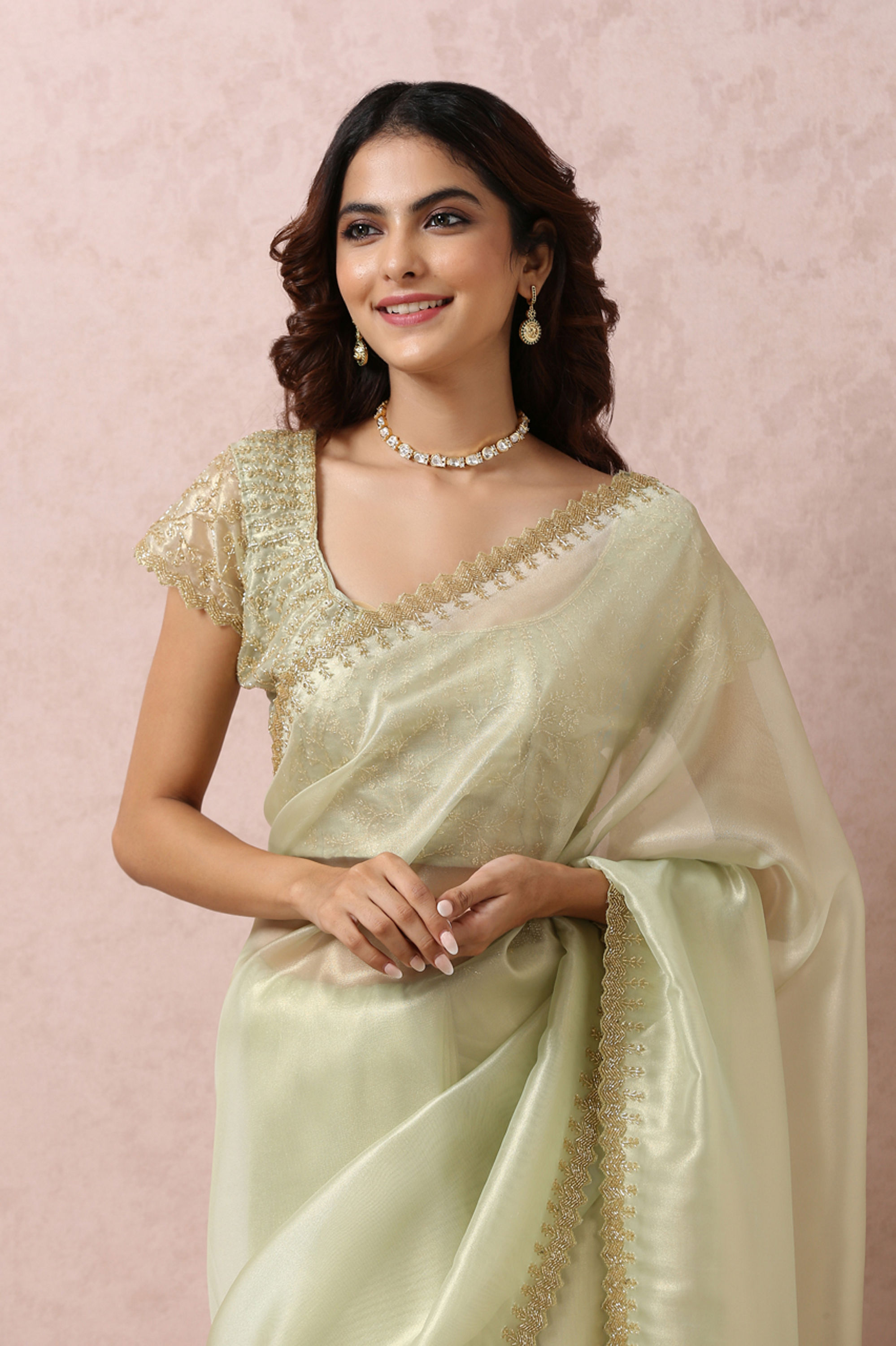 Mohey Women Pista Green Organza Saree With Stone Border