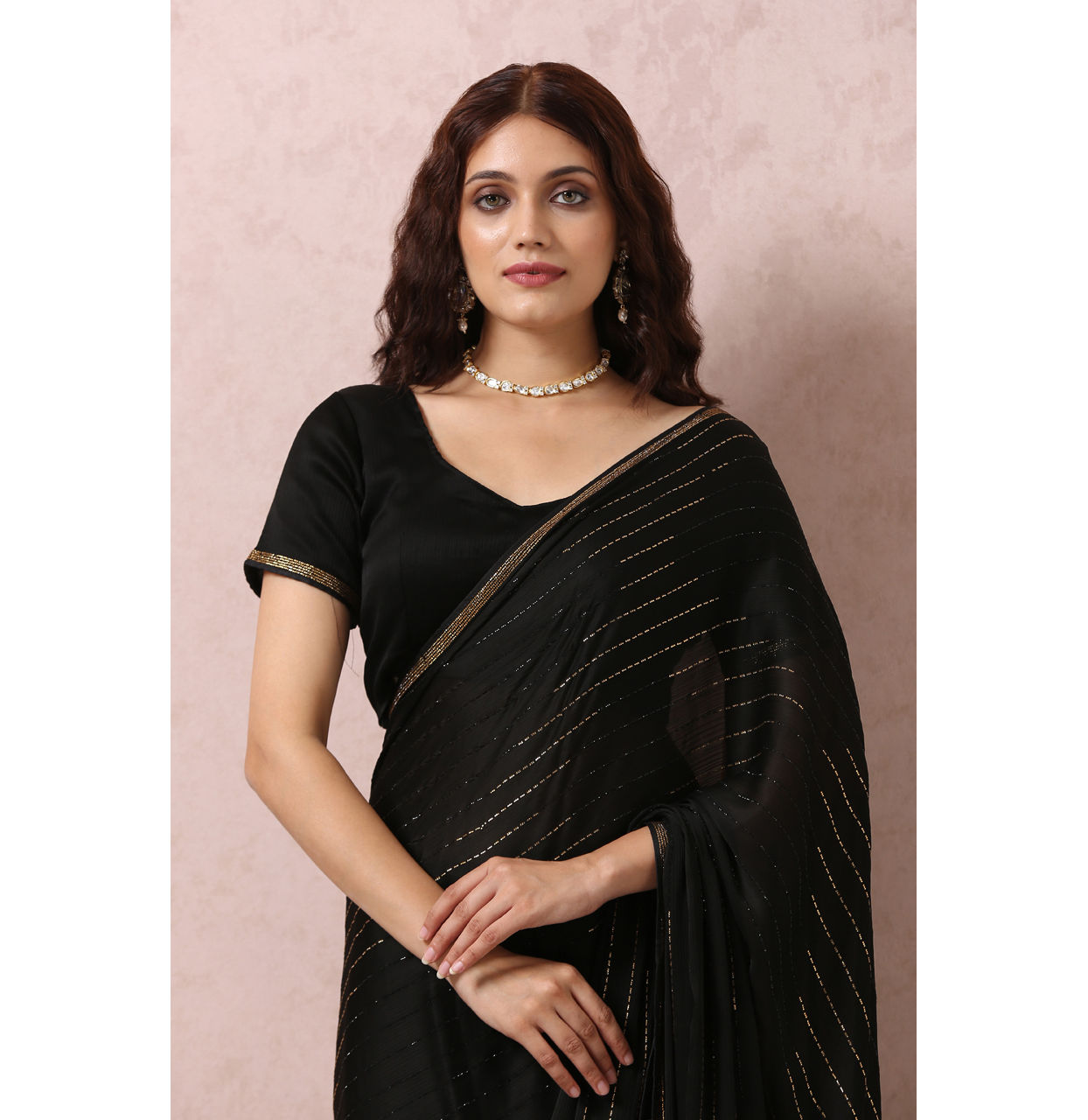 alt message - Mohey Women Black Chiffon Cocktail Saree image number 1