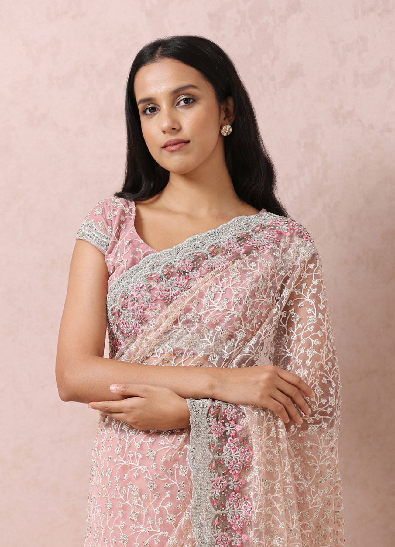 Mohey Women Light Pink Net Saree With Embroidery