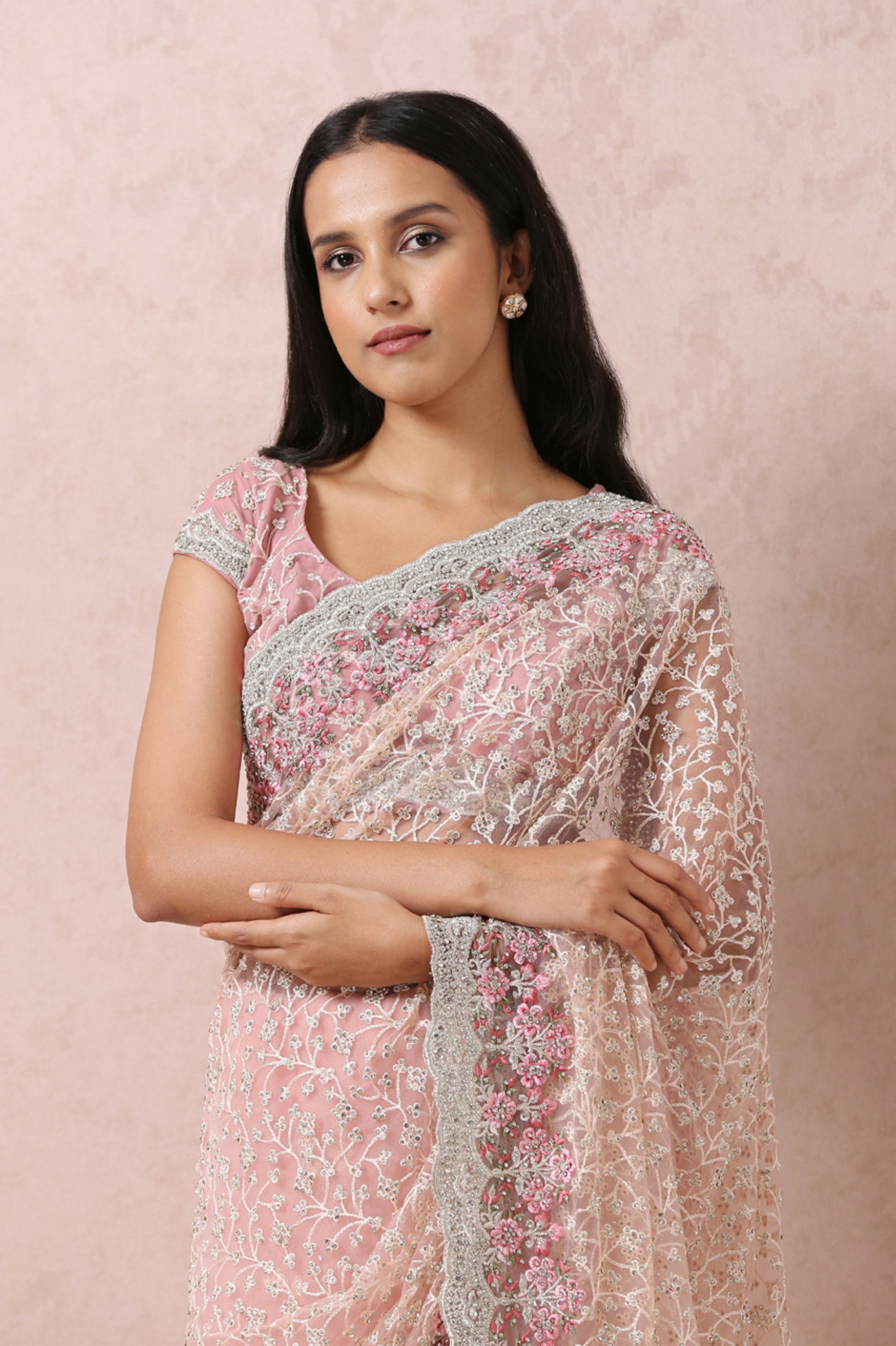 Mohey Women Light Pink Net Saree With Embroidery