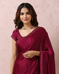 Mohey Women Wine Stone Embellished Satin Saree