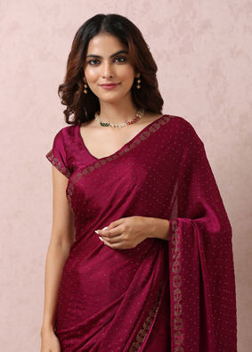 alt message - Mohey Women Wine Stone-Embellished Satin Saree image number 1