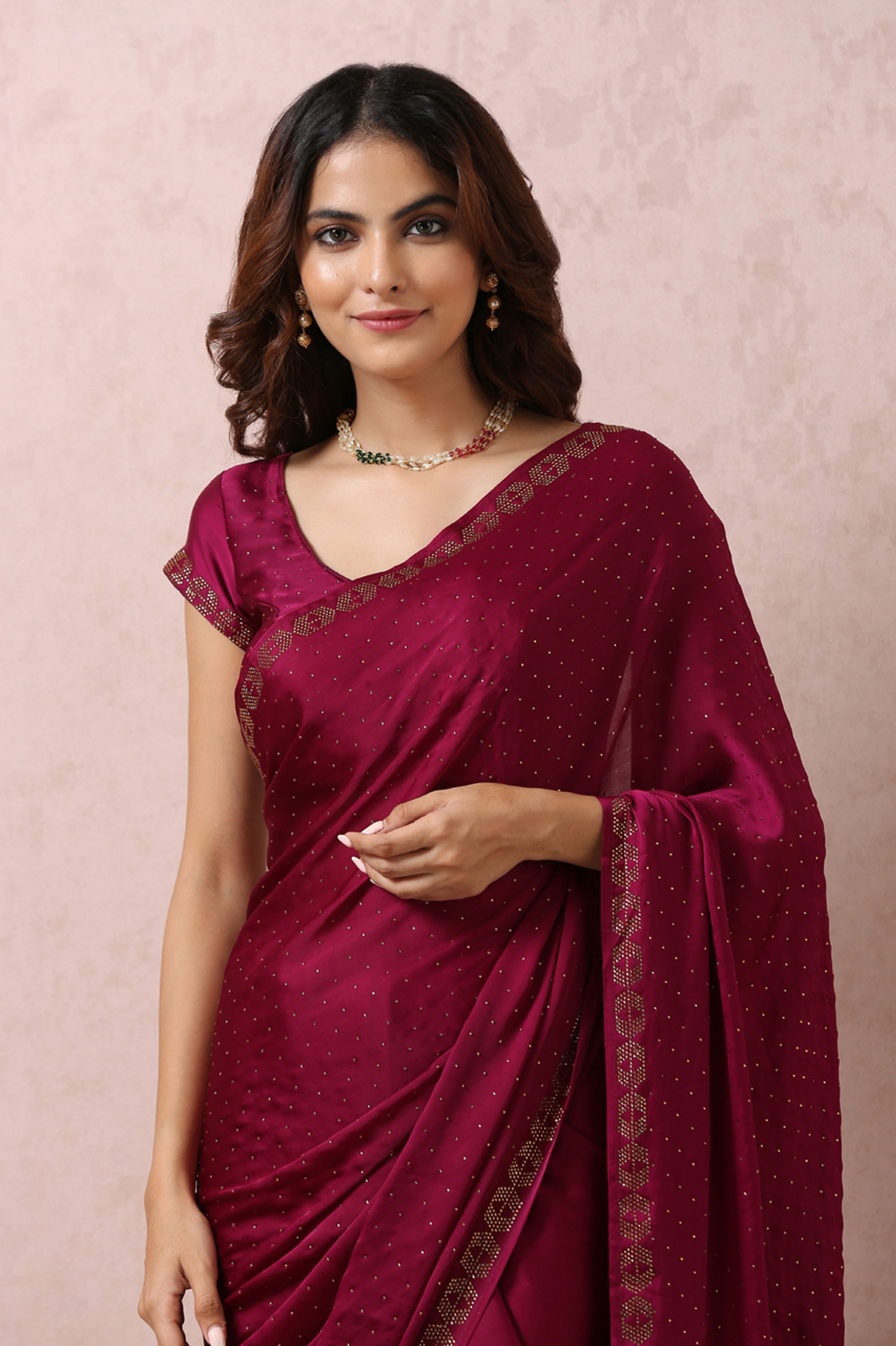 Mohey Women Wine Stone Embellished Satin Saree