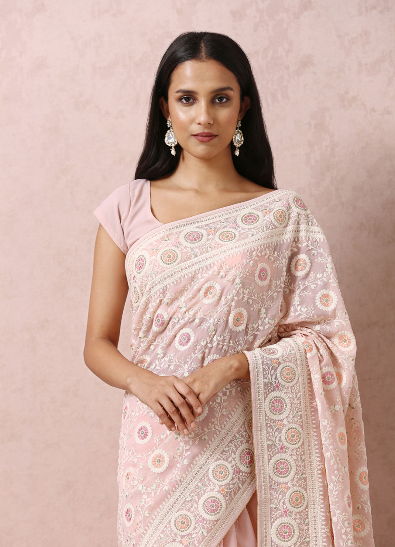 Mohey Women Peach Embroidered Saree