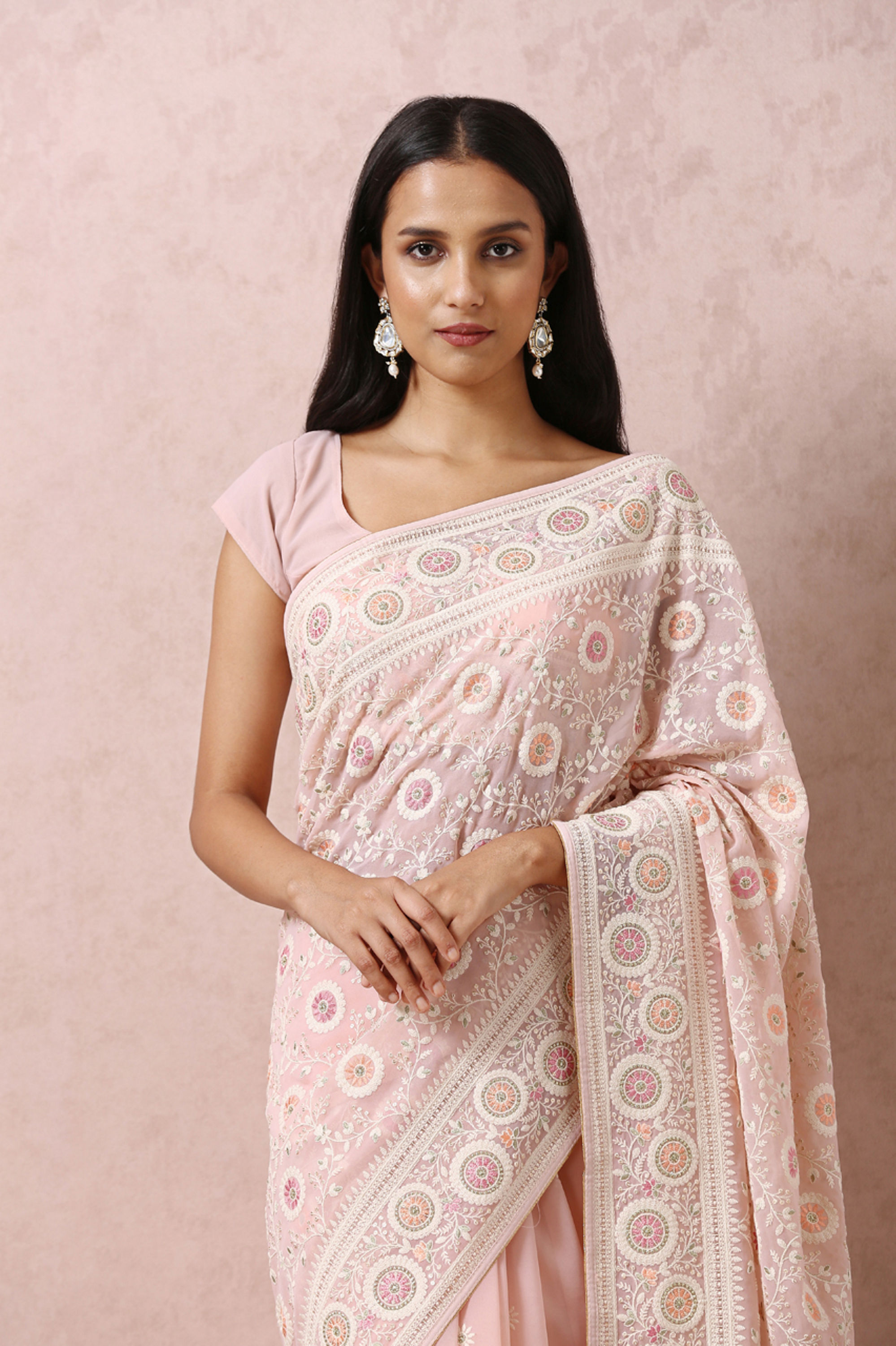 Mohey Women Peach Embroidered Saree