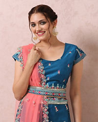 Mohey Women Teal Blue Embroidered Lehenga