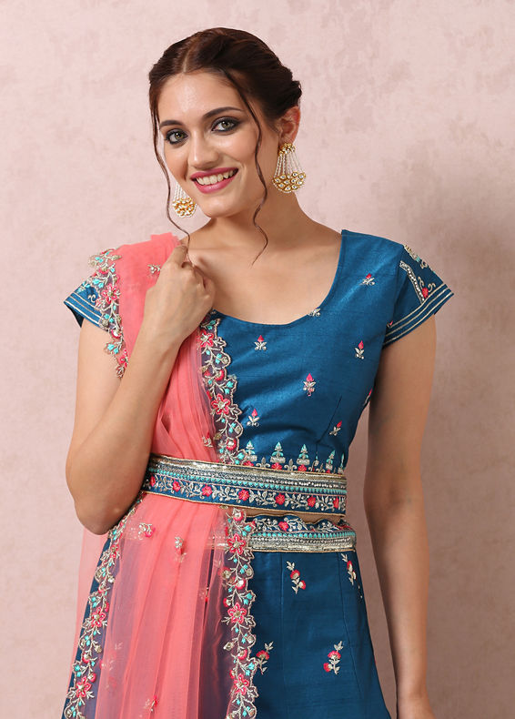 Mohey Women Teal Blue Embroidered Lehenga