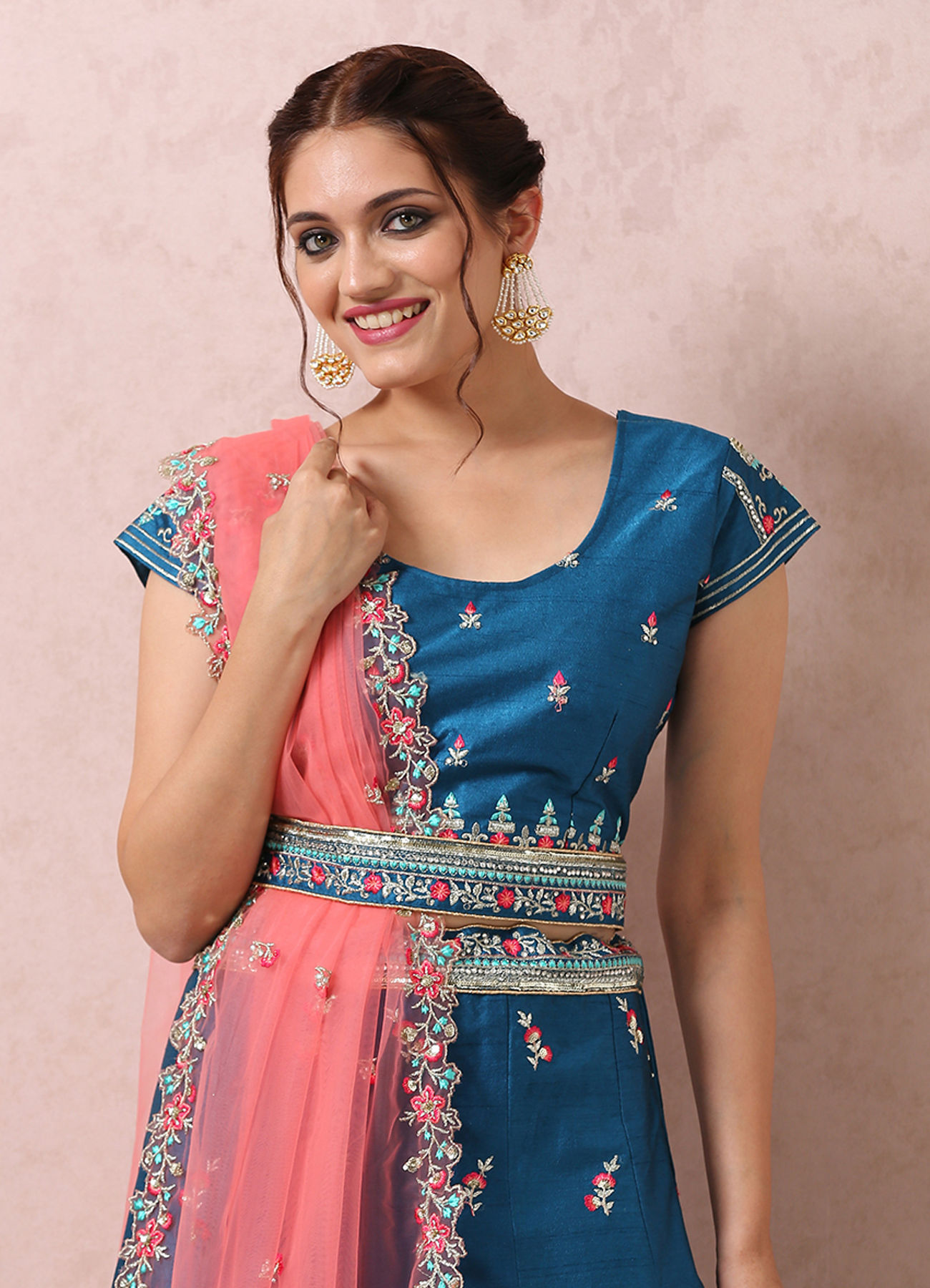 Mohey Women Teal Blue Embroidered Lehenga