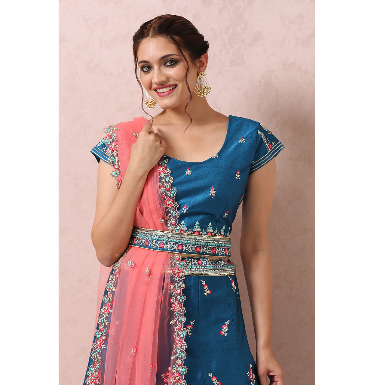 Mohey Women Teal Blue Embroidered Lehenga