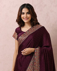 Mohey Women Wine Satin Saree With Multicoloured Border