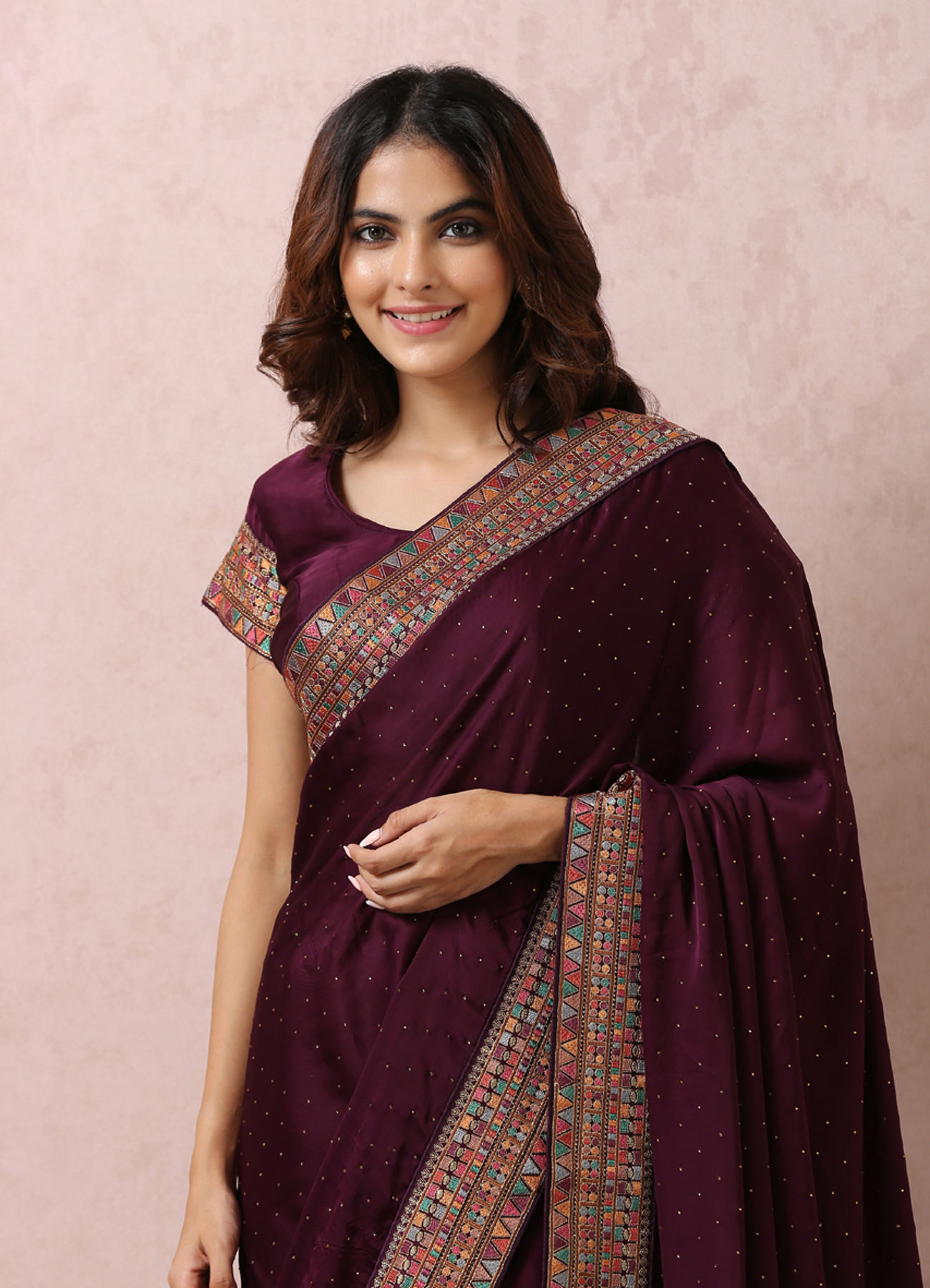 Mohey Women Wine Satin Saree With Multicoloured Border