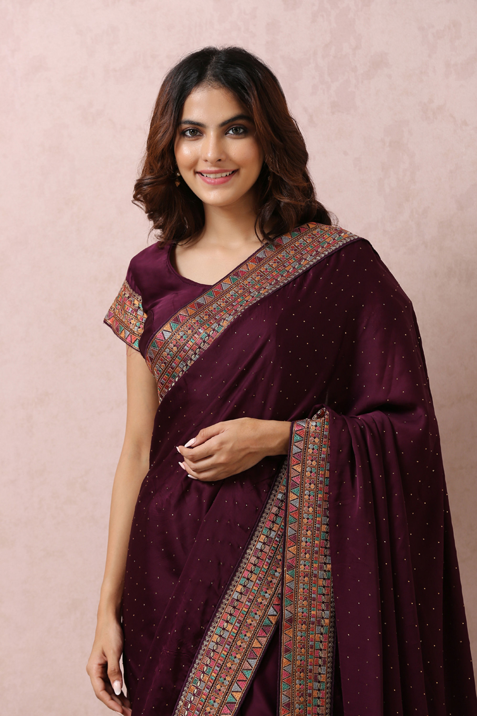 Mohey Women Wine Satin Saree With Multicoloured Border