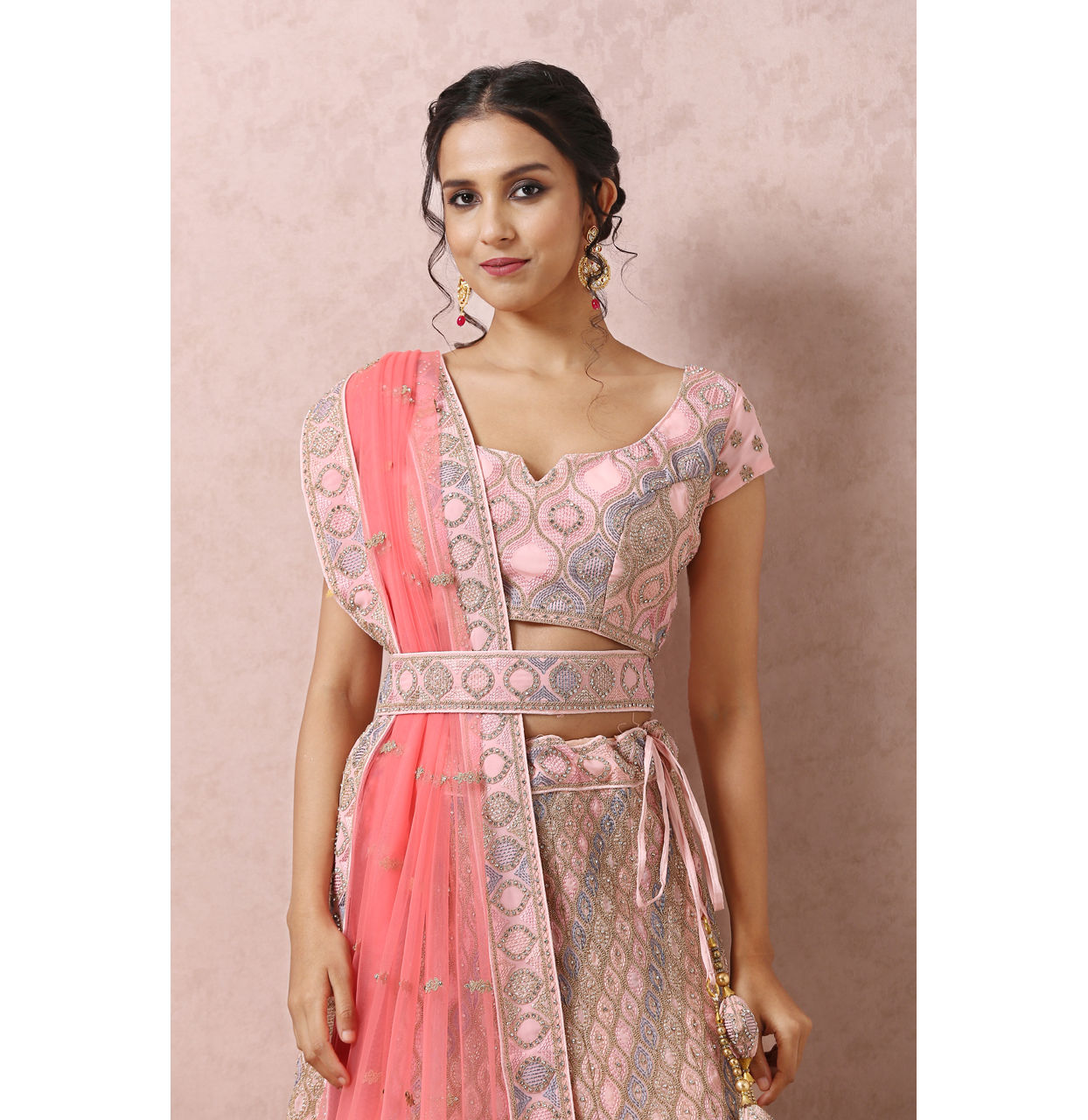 alt message - Mohey Women Light Pink Embellished Lehenga image number 1