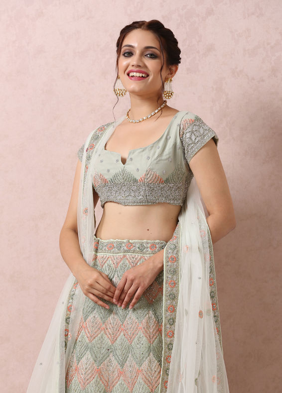 Mohey Women Light Pista Embellished Bridal Lehenga