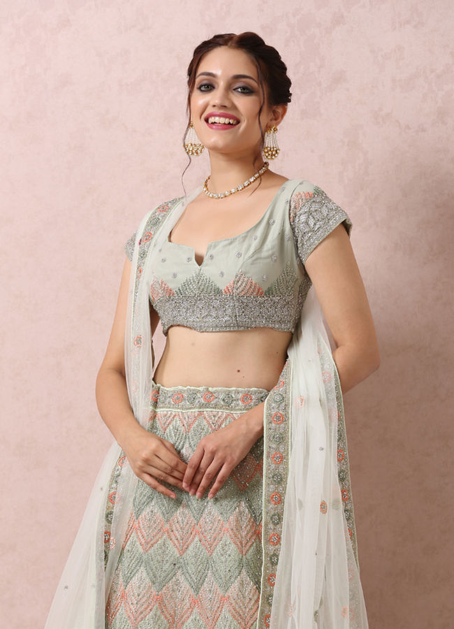 Mohey Women Light Pista Embellished Bridal Lehenga