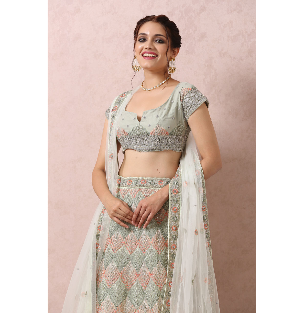 Mohey Women Light Pista Embellished Bridal Lehenga