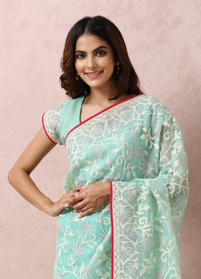 Mohey Women Sea Green Embroidered Saree image number 1