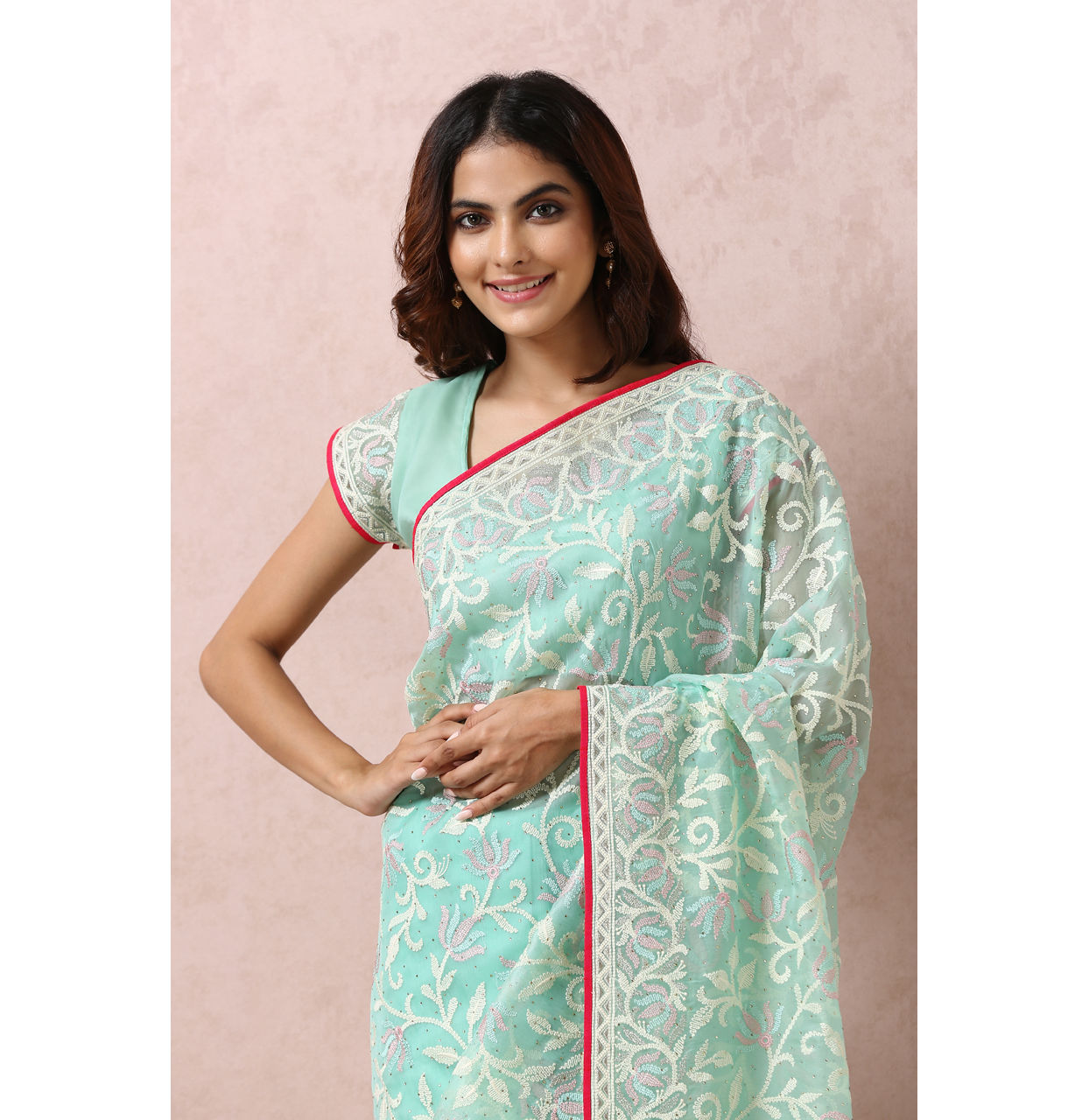 Mohey Women Sea Green Embroidered Saree image number 1