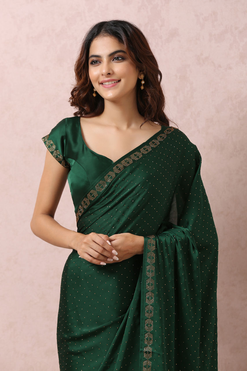 Mohey Women Bottle Green Satin Saree With Stone Embellishment