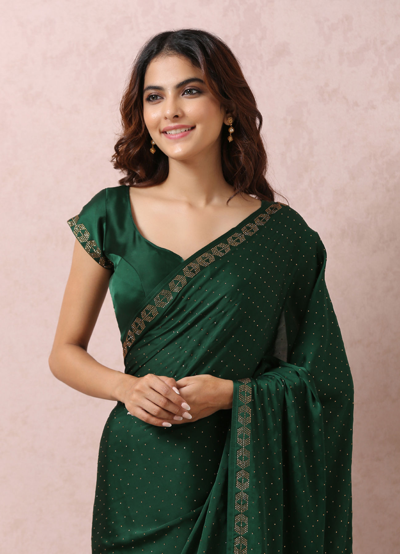 Mohey Women Bottle Green Satin Saree With Stone Embellishment