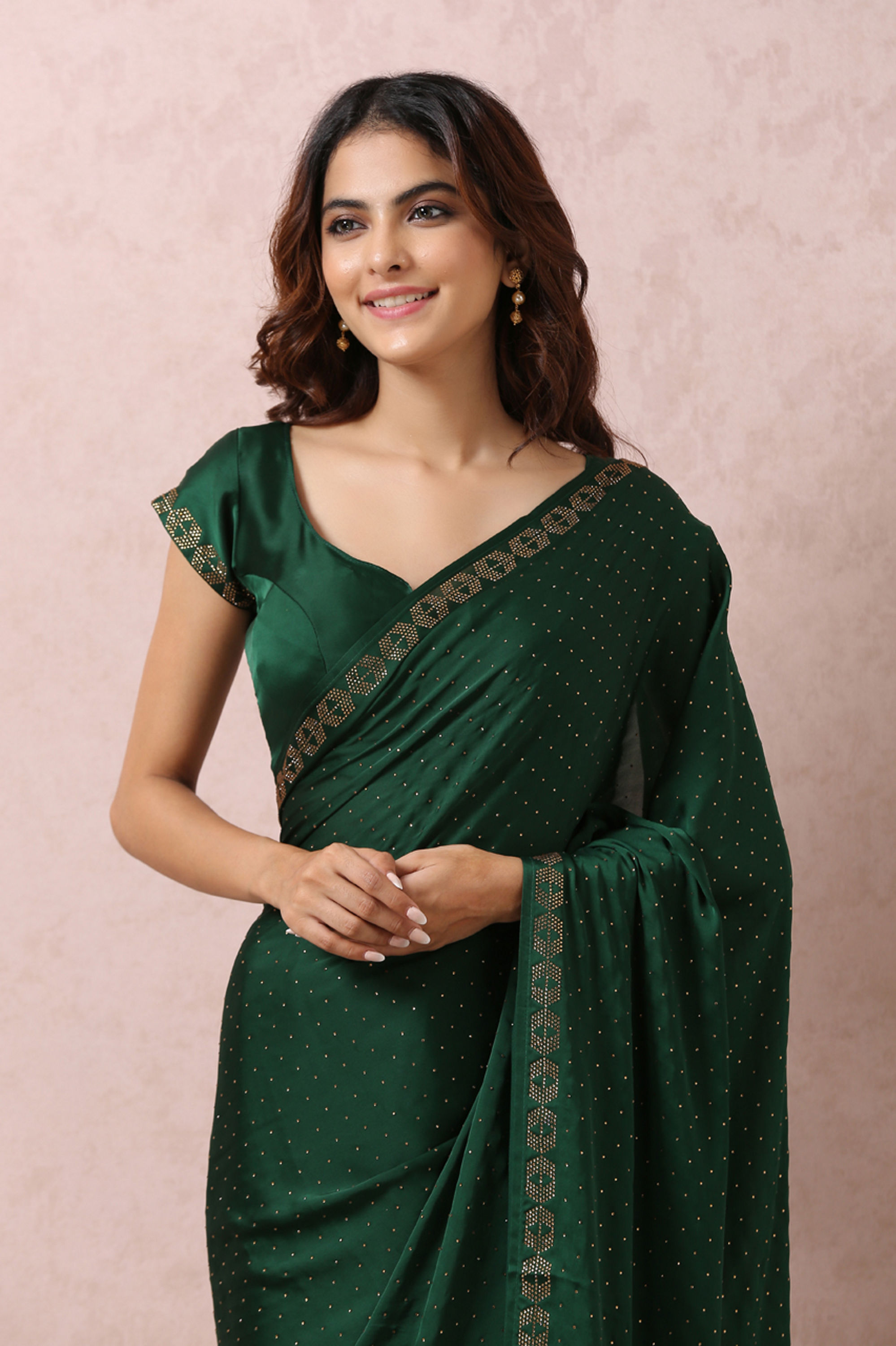 Mohey Women Bottle Green Satin Saree With Stone Embellishment