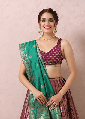 Mohey Women Wine Zari Weaved Benarasi Lehenga