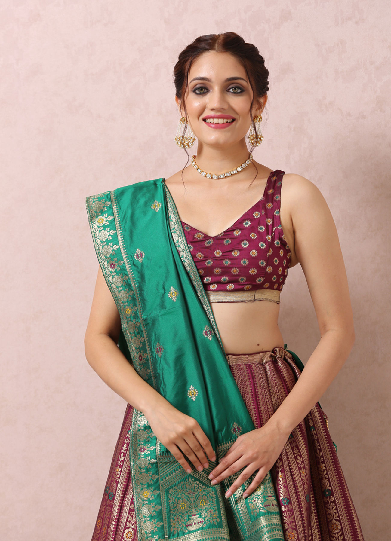 Mohey Women Wine Zari Weaved Benarasi Lehenga