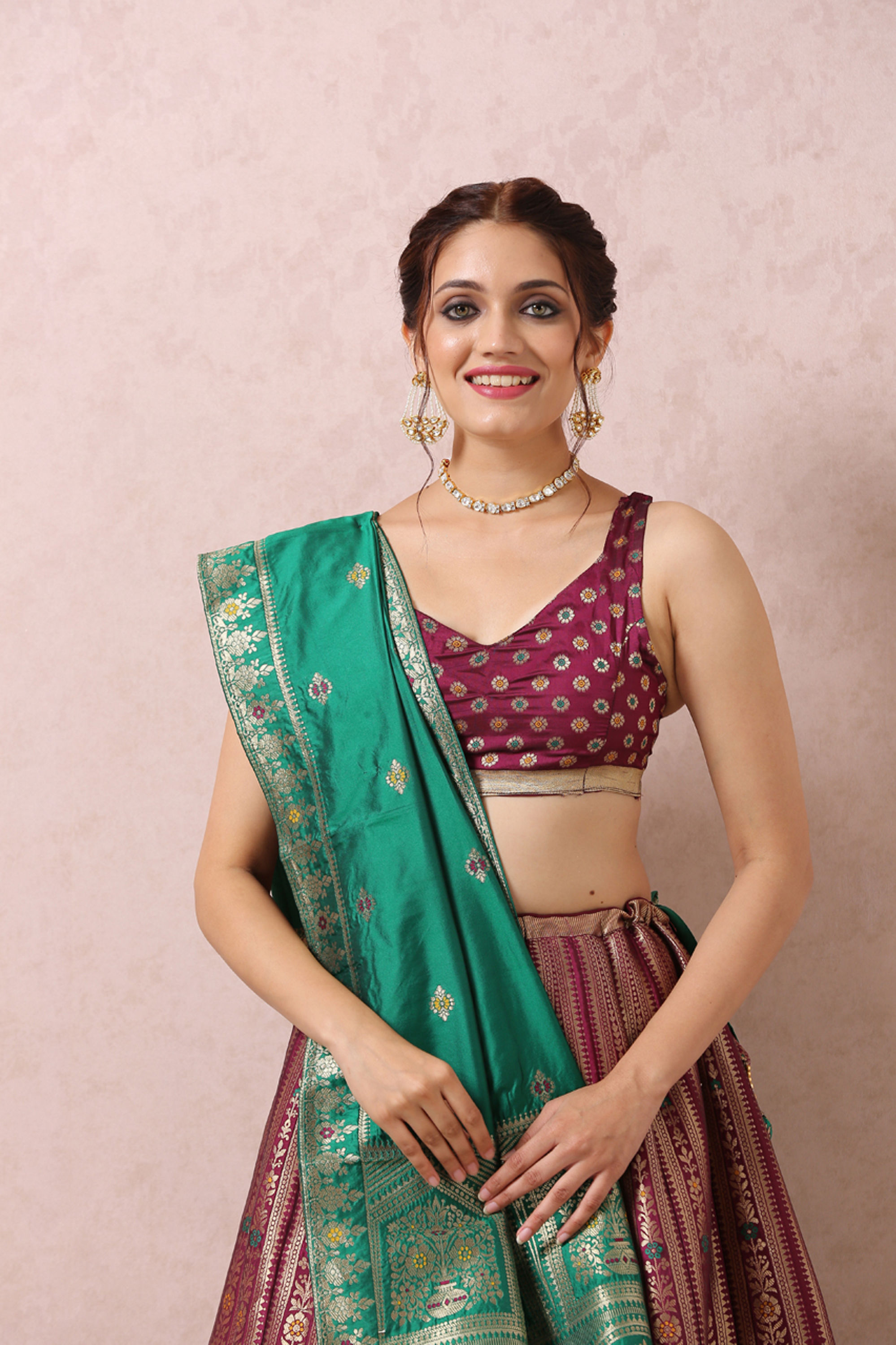 Mohey Women Wine Zari Weaved Benarasi Lehenga