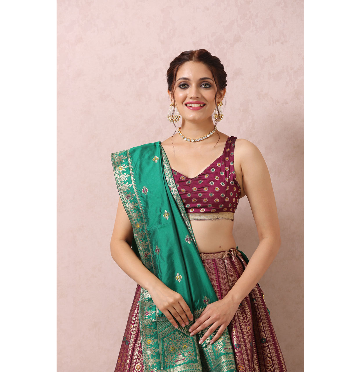 Mohey Women Wine Zari Weaved Benarasi Lehenga