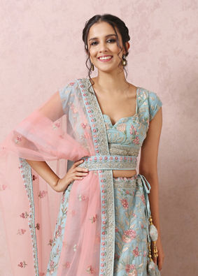 Mohey Women Light Blue Bridal Floral Lehenga