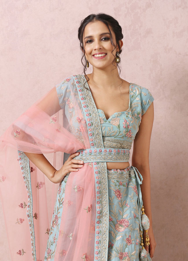 Mohey Women Light Blue Bridal Floral Lehenga