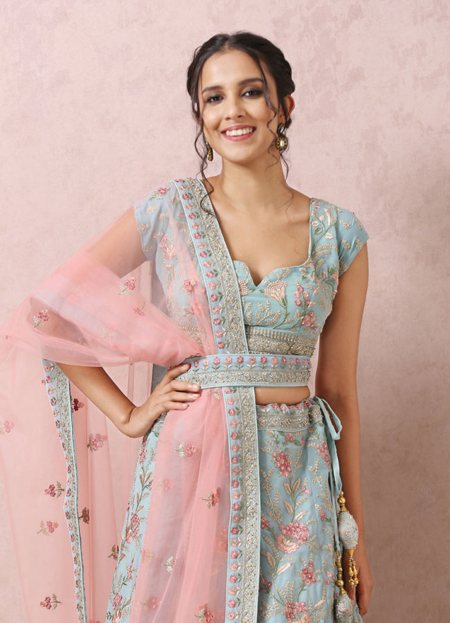 alt message - Mohey Women Light Blue Bridal Floral Lehenga image number 1