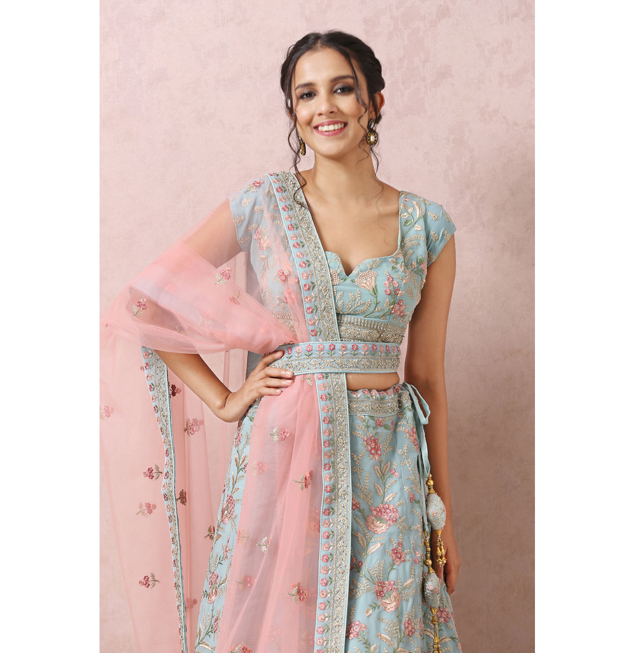 alt message - Mohey Women Light Blue Bridal Floral Lehenga image number 1