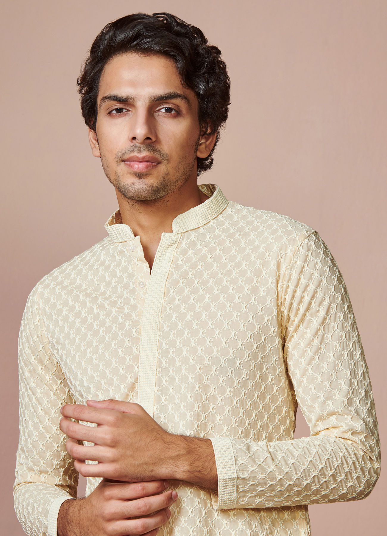 Manyavar Men Biscuit Chikankari Cotton Kurta