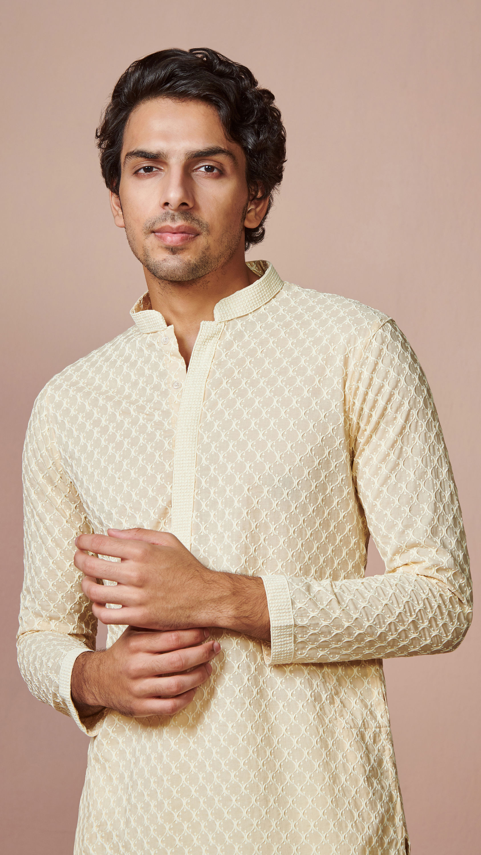 Manyavar Men Biscuit Chikankari Cotton Kurta