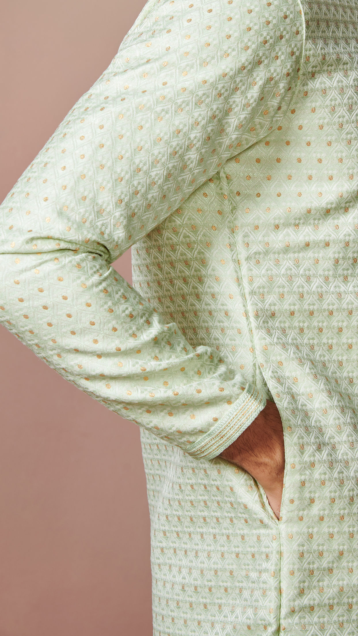 Manyavar Men Mint Green Golden Motif Kurta Pajama