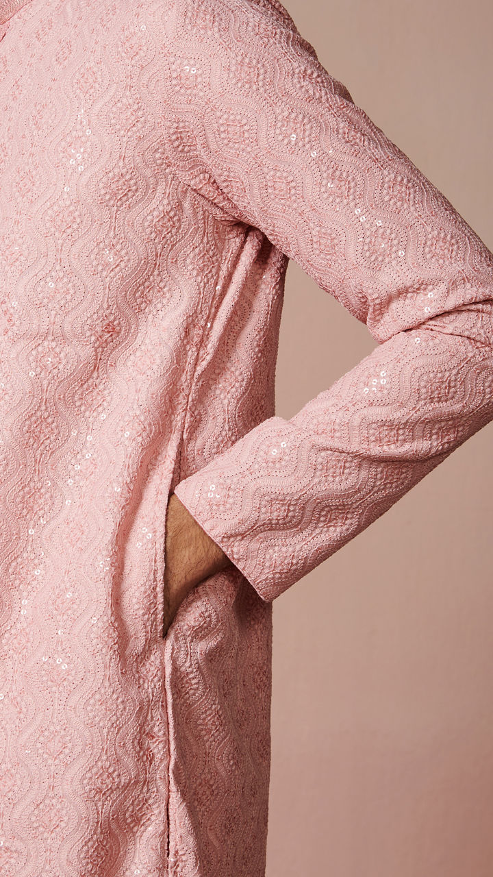 Manyavar Men Rani Pink Chikankari Kurta Set