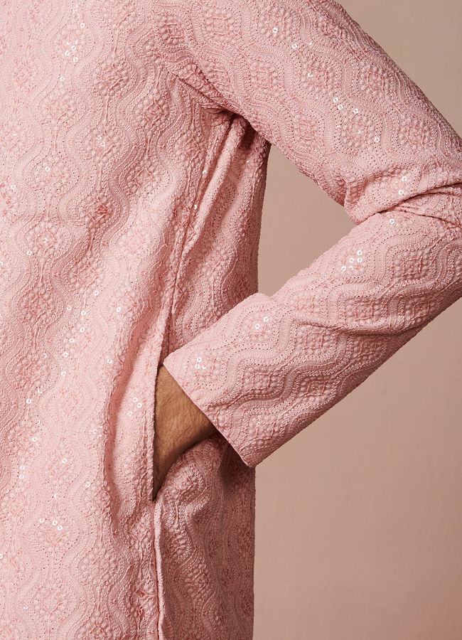 Manyavar Men Rani Pink Chikankari Kurta Set
