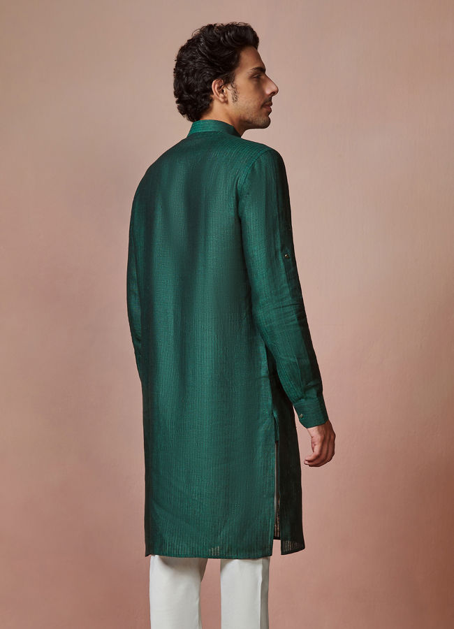 alt message - Manyavar Men Bottle Green Self Striped Kurta image number 3